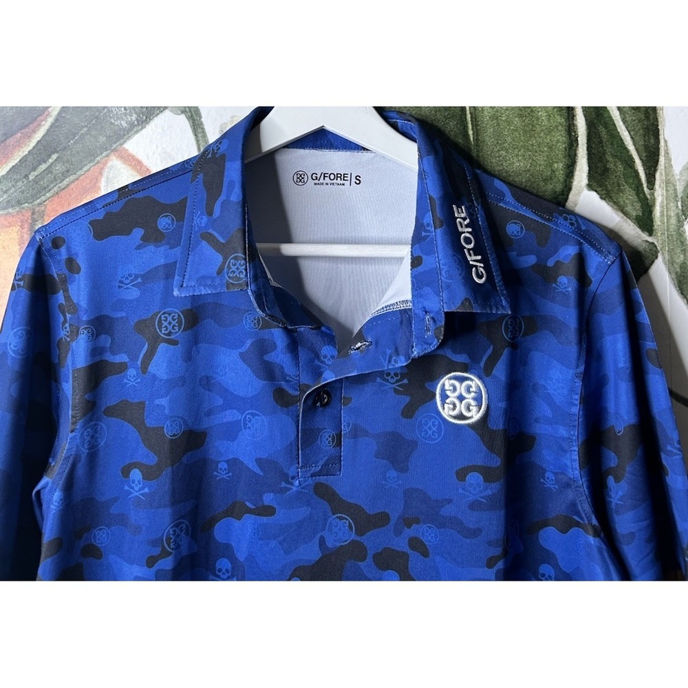 G/Fore Men's Blue Icon Camo Tech Jersey Polo Skull Logo Print Small Short Sleeve - Picture 2 of 4
